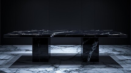 A marble table made of ivory and black marble is sitting on top of a marble floor.