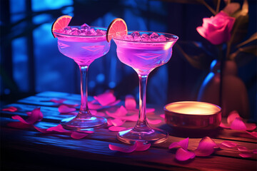 Vibrant nightlife: Two pink tequila cocktails glow on a table, evening illumination, unreal engine 5 style, cabaret scenes, nightcore magic in light purple and indigo.