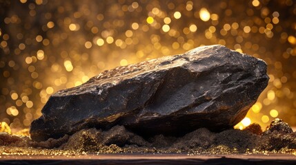 A large rock, a lump of native gold, is sitting on top of a pile of dirt, resembling unrefined sparkling gold nugget and black gold. - obrazy, fototapety, plakaty