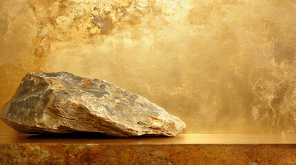 A large rock, a lump of native gold, is sitting on top of a table, resembling stone and glass and gold, and unrefined sparkling gold nugget. - obrazy, fototapety, plakaty