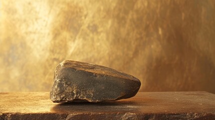 A rock, a lump of native gold, is sitting on top of a wooden table, resembling an unrefined sparkling gold nugget and black stone. - obrazy, fototapety, plakaty