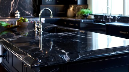A kitchen has a marble countertop and black cabinets, featuring smooth marble surfaces and black marble.