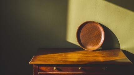 A wooden plate, which could also be a wooden bowl or an anomalous object, is sitting on top of a wooden dresser.