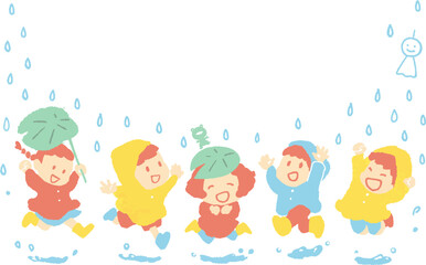 雨の中飛び跳ねる子どもたち