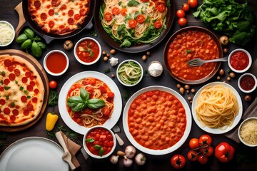 Italian food meals on the table from a top view pizza pasta soup and vegetable salad With copyspace for text