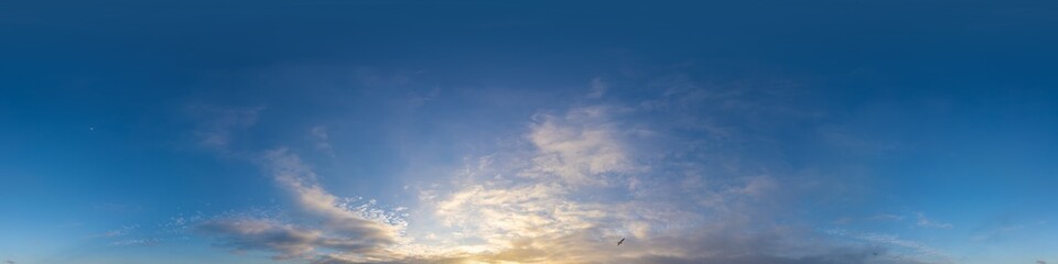 Sunset sky panorama with bright glowing pink Cirrus clouds. HDR 360 seamless spherical panorama. Full zenith or sky dome in 3D, sky replacement for aerial drone panoramas. Climate and weather change.