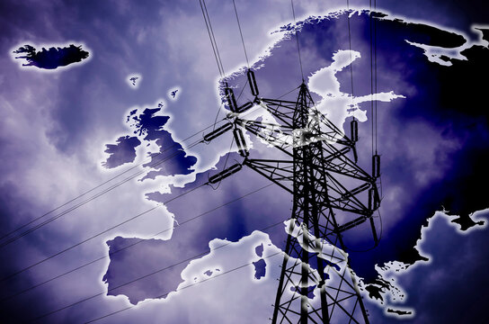 Electricity crisis in Europe, European silhouette above power lines