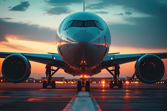 Modern air travel with airplane and aviation focusing on commercial jet at airport runway. Imagery suggests dynamics of flight transportation and intersection of technology and travel