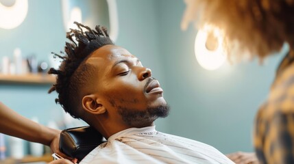 African American man sitting in chair and getting haircut in salon - obrazy, fototapety, plakaty