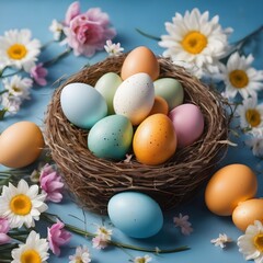 Easter background with colorful eggs in nest on a blue background with flowers. 
