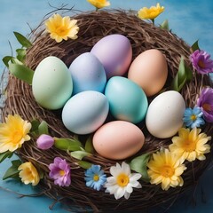 Easter background with colorful eggs in nest on a blue background with flowers. 