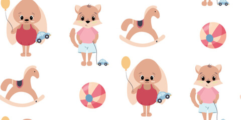 Seamless print with children's toys. A ball, a rocking horse, a teddy bear and a wolf. children's print for printing on vinyl wallpaper and children's clothing and textiles.