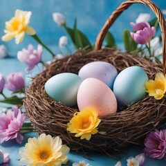Obraz na płótnie Canvas Easter background with colorful eggs in nest on a blue background with flowers. 