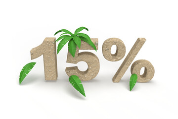 Number 15 percentage made of sand with palm trees for summer vacation. Banner title idea. 3d...