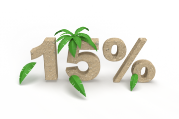 Number 15 percentage made of sand with palm trees for summer vacation. Banner title idea. 3d rendering
