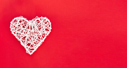 White heart on a red background. Valentine's Day background. Love Concept. Valentine's day banner with place for text