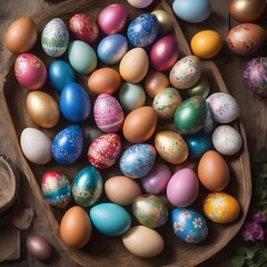 Fototapeta na wymiar Large tray of hand painted easter eggs on a rustic wooden kitchen table