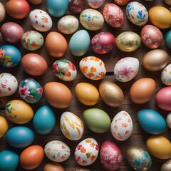 Fototapeta premium Large tray of hand painted easter eggs on a rustic wooden kitchen table