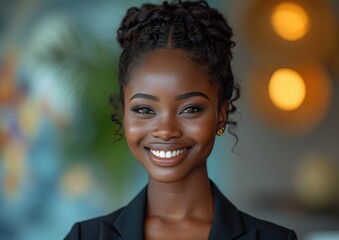 businesswoman, happy smiling Afro female, wearing suit, clean background