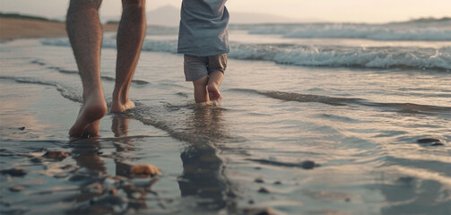 father holding son's hand, walking in beach .Close-up of bare feet of an adult and child walking on the beach shore.father's day