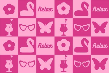 abstract checker seamless pattern with romantic lips, shoes, glass. trendy  pink background surface design, textile, print, wrapping paper, cover.  art illustration. 