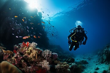 Naklejka na ściany i meble Underwater scene of diver into the Heart of an Ocean