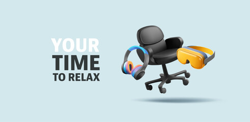 Realistic virtual reality glasses, headphones, computer chair. 3D. For game, home, office, recreation concepts. Engineering technologies and modern gadgets. Vector