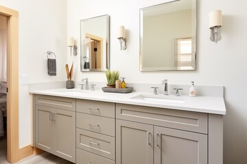 Fototapeta na wymiar grey vanity with two sinks and brushed nickel fixtures