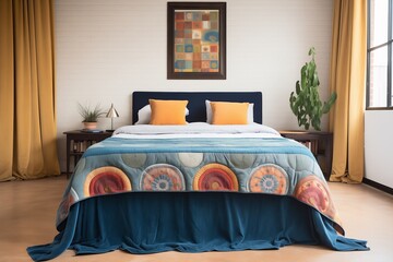 a velvet bedspread spread on a low-height bed - obrazy, fototapety, plakaty