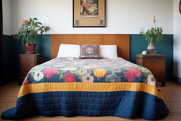 a velvet bedspread spread on a low-height bed - obrazy, fototapety, plakaty