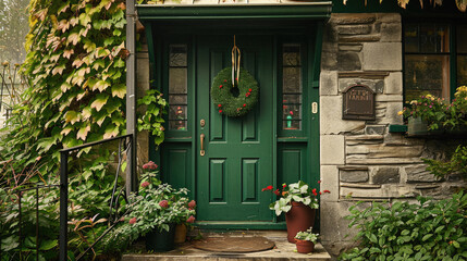 Green front door of a house with a wreath on the front door