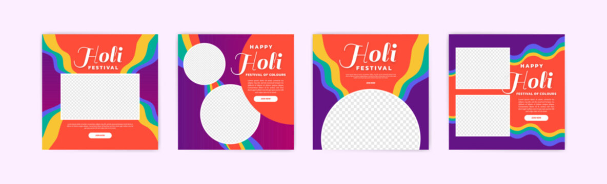 Happy holi festival banner design. Social media post for holi festival. Banner for holi festival with powder ornaments and colorful paint splashes.