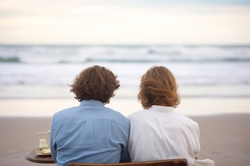 back view of couple sitting close on beach, watching waves