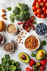 Anti Aging foods on light background. Food for healthy heart, brain and good memory. High in antioxidants, minerals and vitamins. Top view, flat lay, copy space "Anti Aging" text