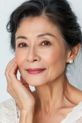 Closeup cut portrait of happy middle aged mature asian woman, senior older 50 year lady looking at camera touching her face isolated on white. Ads of eye lifting anti wrinkle skin care cream