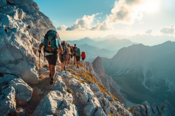 Hikers on a mountain ridge with breathtaking views of the alpine landscape.