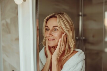 Gorgeous mid age adult 50 years old blonde woman standing in bathroom after shower touching face, looking at reflection in mirror smiling doing morning beauty routine. Older dry skin care concept