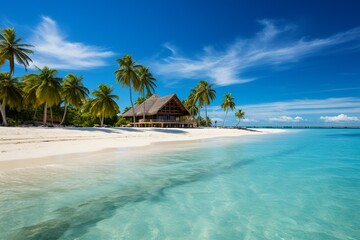 Fototapeta na wymiar A picturesque coastal scene graced by palm fronds and the pristine, azure sea
