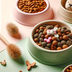 Pet bowl with dry food on green pastel background studio shot