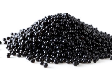 Heap of black caviar close-up on a white background. Isolated