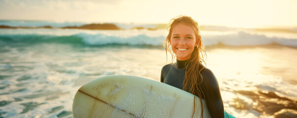 happy smiling girl surfer with surfboard after riding at sunset of the day