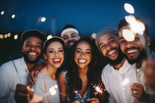 group photo of couple with friends holding sparklers at night