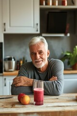 Fototapeta na wymiar Smiling elderly man enjoying a fresh fruit smoothie in a modern kitchen