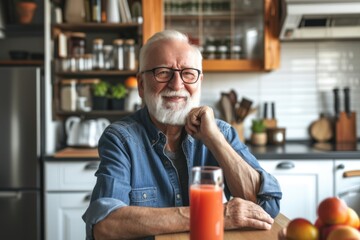Senior man with glass of fruit smoothie sitting in kitchen white and light design