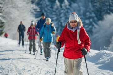Senior woman in red jacket nordic walking, snow-covered trees behind