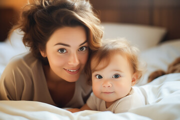 Young mother playfully engaging with her baby. Sweet bedroom moments concept. Generative AI.
