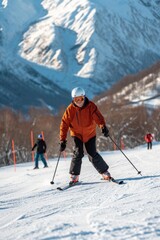 Fototapeta na wymiar skiing in the mountains Older people engage in sports activity for health and longevity