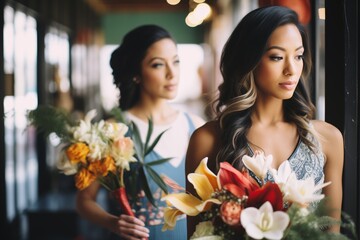 girl and bride comparing bouquets