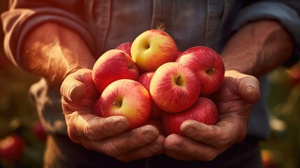Farmer with Apples Fruit in Hands, Summer Garden at Sunset. Autumn Harvest Concept, ripe red apple close up
