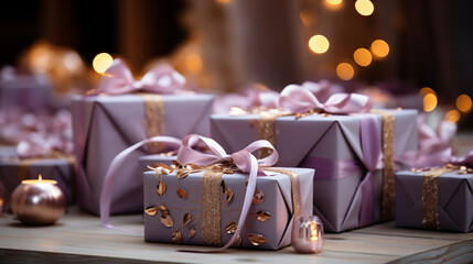 Fototapeta na wymiar Colored gift boxes with gold ribbon, concept of Christmas holidays or a New Year